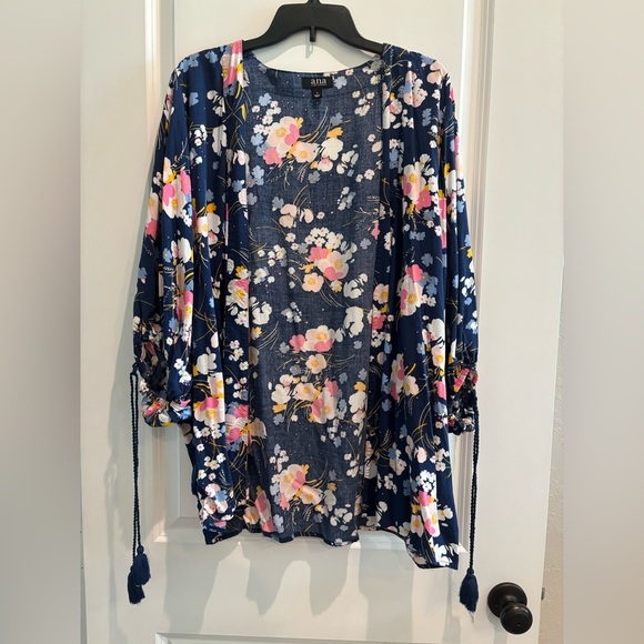 a.n.a. Blue Floral Balloon Tassel Trim Sleeve Rayon Kimono Cardigan - Picture 3 of 5